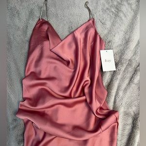 pink satin mini dress with bedazzled straps